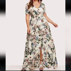Plus Slit Button Up Front Floral Dress